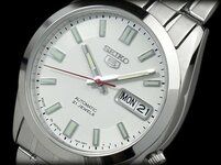 Reloj de cuerda automática Seiko 5 de los hombres esfera blanca, plata del acero inoxidable SNKE.jpg